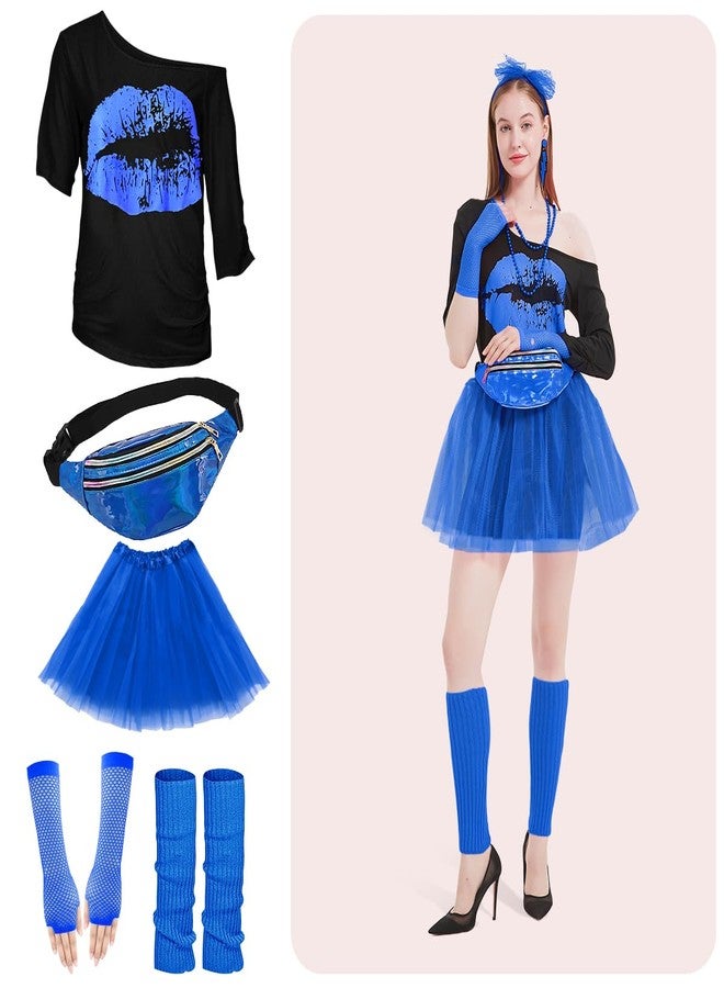 WILDPARTY 80s Costume Accessories for Women, T-Shirt Tutu Fanny Pack Headband Earring Necklace Fishnet Gloves Legwarmers 80s Party Halloween outfit for Women 24PCS (DarkBlue XL) - Image 4